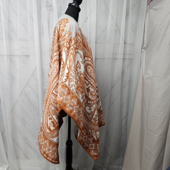 Unbranded Taupe Orange Reversible Paisley Boho Blanket Cape OSFA - Picture 10 of 14